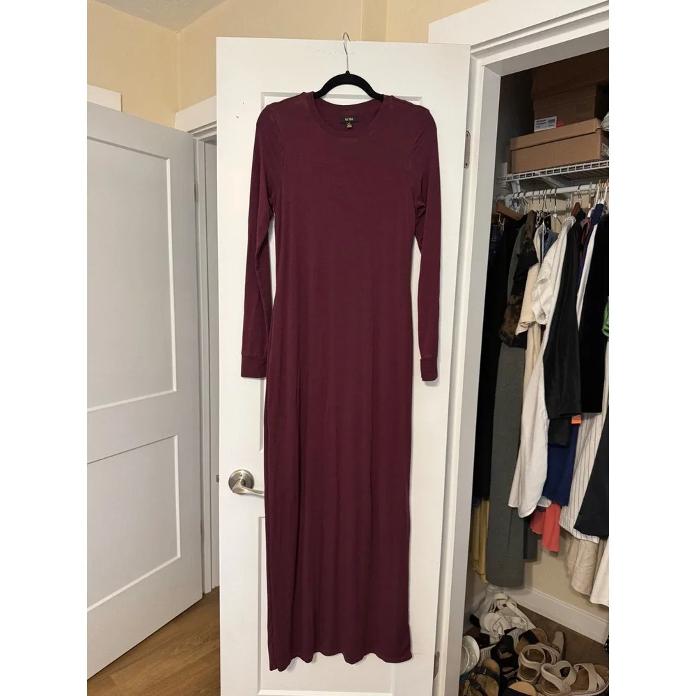 AFRM Burgundy Long Sleeve Crew Neck Jersey Knit Maxi Dress L Minimalist Grunge - Picture 1 of 8